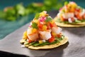 ceviche tostadas stacked with toppings on a slate board