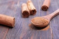 Ceylon cinnamon sticks and powder close-up. Royalty Free Stock Photo