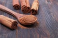 Ceylon cinnamon sticks and powder in the spoon on a wooden background Royalty Free Stock Photo