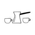 Cezve and cups set icon. sketch hand drawn doodle style. vector, minimalism, monochrome. cookware, drinks. coffee pot Royalty Free Stock Photo