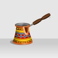 Cezve Turkish Coffee Pot with Wooden Handle and Detailed Colorful Pattern Vector Illustration