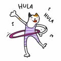 Cat play hulahoop and sing hula hula cartoon illustration Royalty Free Stock Photo