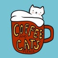 Coffee and cats please, cat in red coffee cup cartoon illustration