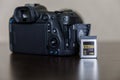 CFexpress memory card next to the camera on the table. Royalty Free Stock Photo