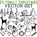 CG Family Christmas Vector Set with reindeer, snowmen, gifts, Christmas trees, ornaments, wreaths, holiday cards, and birds. Royalty Free Stock Photo