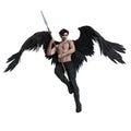 Handsome Dark Angel in Flight Holding a Staff