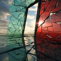 A CGI red and green shattered glass in stunning hyper-realistic detail.