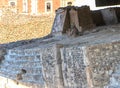 Chac mool on Tlaloc temple platform. God of rain. Fragment of Greater Temple Templo Mayor Detail of ancient aztec ruins. Travel