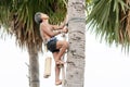 CHACHOENGSAO, THAILAND - MAY 12,2019 : Farmer middle-aged man climbing the palmyra palm tree or science name Borassus flabellifer