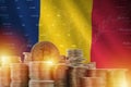Chad flag and big amount of golden bitcoin coins and trading platform chart. Crypto currency Royalty Free Stock Photo