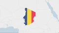 Chad map highlighted in Chad flag colors and pin of country capital N`Djamena