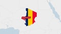 Chad map highlighted in Chad flag colors and pin of country capital N`Djamena