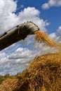 Chaff and straw leaving the blower pipe of a threshing machine and creating a straw pile Royalty Free Stock Photo