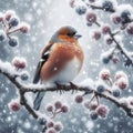 Chaffinches sit on snow covered beaches during cold spell Royalty Free Stock Photo