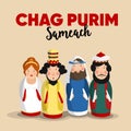 Chag Purim Sameach holiday greeting card for the Jewish festival. Hand drawn queen Esther, king Ahasuerus, Haman,
