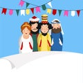 Chag Purim Sameach holiday greeting card for the Jewish festival. Hand drawn queen Esther, king Ahasuerus, Haman and