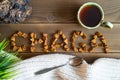Chaga tea mushroom from birch tree using for healing tea or coffee in folk medicine. the word chaga, laid out from pieces of the c