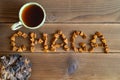 Chaga tea mushroom from birch tree using for healing tea or coffee in folk medicine. the word chaga, laid out from pieces of the c