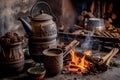 chai tea brewing process step-by-step arranged near the fire