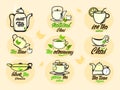 Chai, Tea set colourful illustrations with lettering collection. Black , green , natural tea ceremony. Kettles. Vector