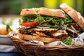 chai tea spiced chicken sandwich in a wicker basket