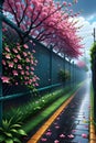 Chailink fence with flower petals, branch, tree, outdoors, rain, street, sky, wallart, wallpaper Royalty Free Stock Photo