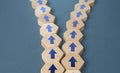 The chain with arrows splits into two. Concept of conflict. Division of business company. Splitting opinions on an issue. Rivalry