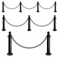 Chain barrier stand. Iron fence barricade. Isolated set vector illustration.