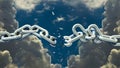 Chain breaking between clouds strees freeedom separation - 3d rendering