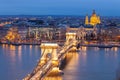 The Chain Bridge in Budapest in the evening. Night city skyline. Royalty Free Stock Photo