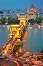 The Chain Bridge in Budapest in the evening.
