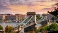 Chain bridge. Budapest, Hungary. Danube river sunset landscape. Royalty Free Stock Photo