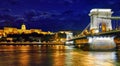 Chain bridge in Budapest nighttime. Royalty Free Stock Photo