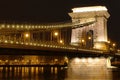 Chain bridge illuminated by street lamps colorful monument in the night. Bridge honey areas of buddha and pesht. Budapest Hungary