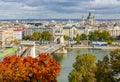 Chain Bridge over Danube river and St. Stephen`s basilica dome in autumn, Budapest, Hungary Royalty Free Stock Photo