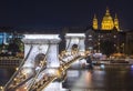 Chain Bridge over Danube river and St. Stephen`s Basilica at night, Budapest, Hungary Royalty Free Stock Photo