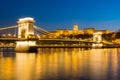 Chain bridge over Danube river at sunset in Budapest, Hungary Royalty Free Stock Photo