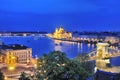 The Chain Bridge and River Danube in Budapest in the evening. Royalty Free Stock Photo