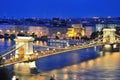 The Chain Bridge and River Danube in Budapest in the evening. Royalty Free Stock Photo