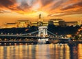 Chain Bridge and Royal Palace in Budapest in the evening Royalty Free Stock Photo