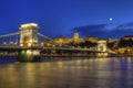 Chain Bridge, Royal Palace and Danube river in Budapest, Hungary, HDR Royalty Free Stock Photo