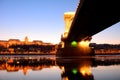 The Chain Bridge at sunset over the icy Danube River, Budapest, Royalty Free Stock Photo