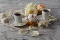 Chain drinking hot coffee on a wooden floor with beautiful roses Royalty Free Stock Photo