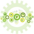 Chain of gear wheels filled with bio eco environmental icons and