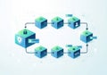 Chain of interconnected cubes symbolizing a digital data network. Each cube contains icons represent Royalty Free Stock Photo