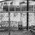 Chain link fence enclosure around graffiti marked building.