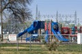 Children`s playground near an electrical power plant in Almagordo, New Mexico. Royalty Free Stock Photo