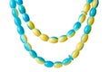 Chain made of light blue and yellow beads on white