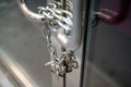 Chain and padlock on closed business glass door with metal handles Royalty Free Stock Photo