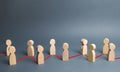 Chain of people figurines connected by red lines. Cooperation and interaction between people and employees. Dissemination